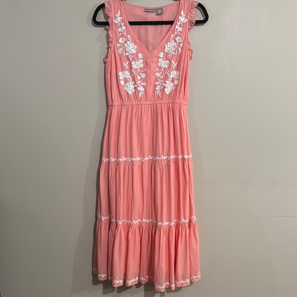 Lucky Brand Coral Midi Dress with White embroidered Floral Details Women's SzXS - Picture 3 of 10